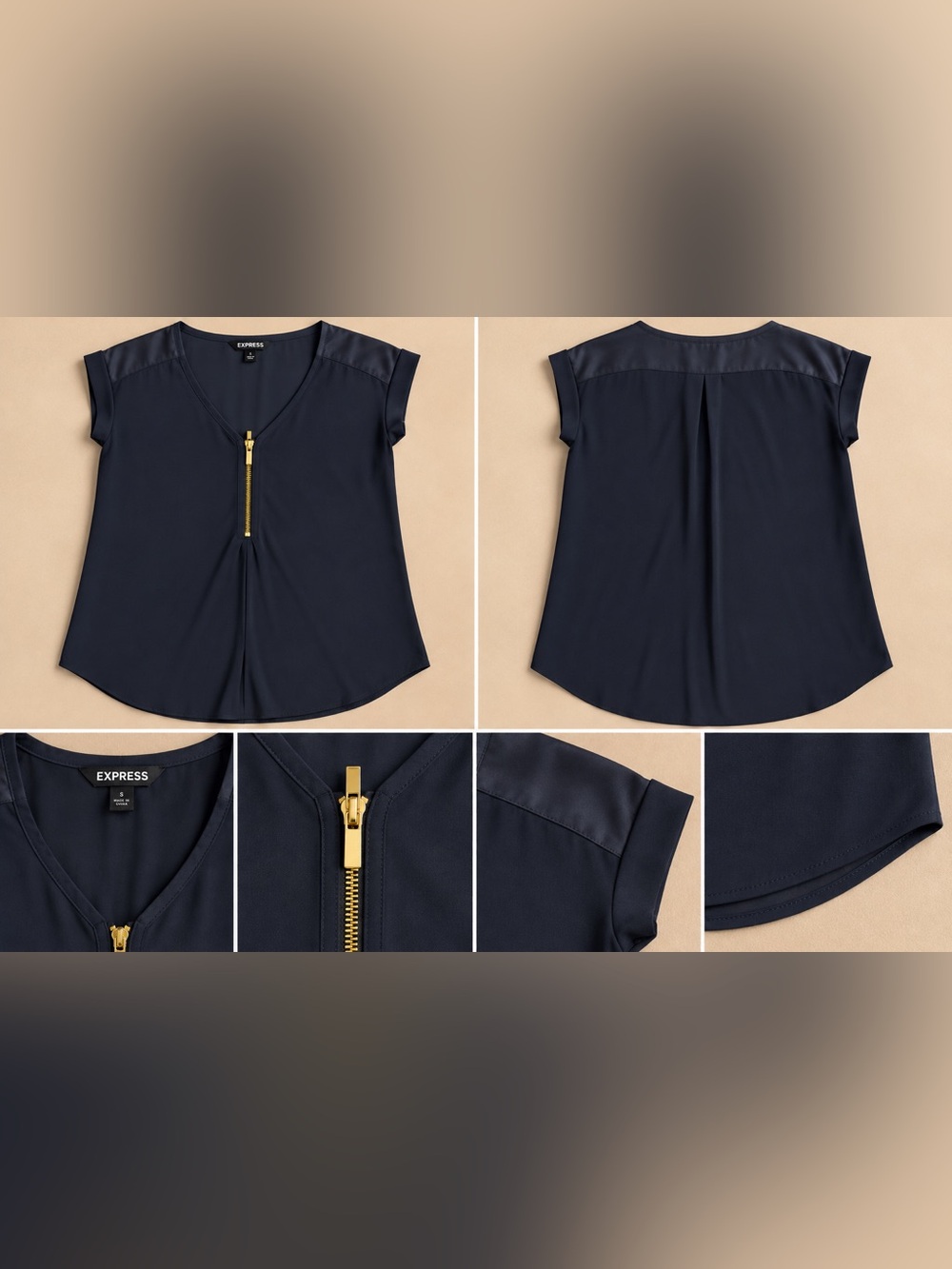 Express Navy Short-Sleeve Zip-Front Blouse with Gold Hardware